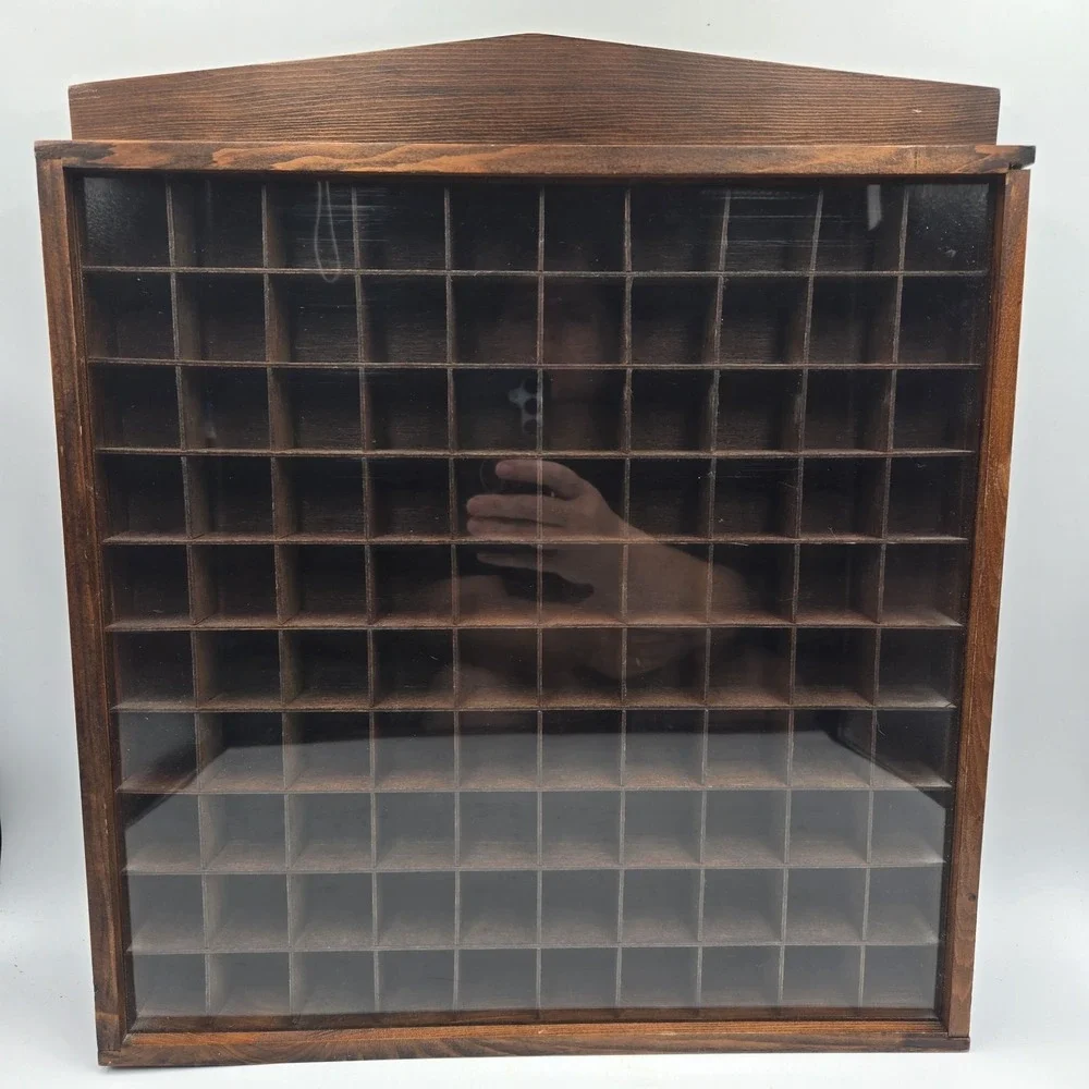 Vtg Miniatures Display Case Cabinet Wood Sliding Plexiglass Front 100 Cubbies